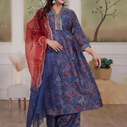 BulBul Women Printed Angrakha Sequinned Chanderi Cotton Kurta with Palazzos & With Dupatta-image-29