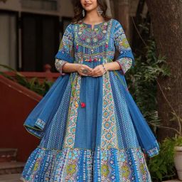 Juniper Blue Floral Printed Pure Cotton Anarkali Kurta Pants & Dupatta Set With Thread Work-image-3