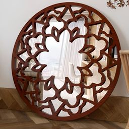Homscape Brown Round Shaped Wood WallMirror-27