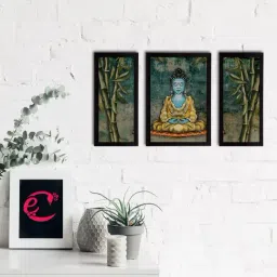 eCraftIndia Set of 3 Meditating Lord Buddha Satin Matt Textured UV Art Painting-26
