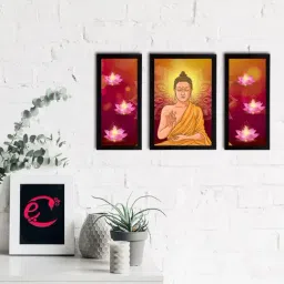 eCraftIndia Set of 3 Meditating Lord Buddha Satin Matt Textured UV Art Painting-10