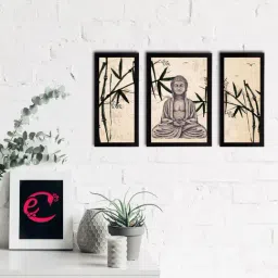 eCraftIndia Set of 3 Meditating Lord Buddha Satin Matt Textured UV Art Painting-12