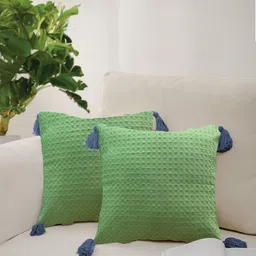 URBAN SPACE Green & Blue 2 Pieces Checked Pure Cotton Square Cushion Covers-16
