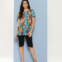 Aarika Turquoise Nylon Printed Short Sleeves Swimsuit With Goggles-image-16