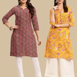 Rangita Pink & Yellow Cotton Printed Straight Kurta - Pack Of 2-image-45
