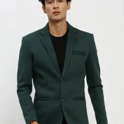 SHOW OFF Dark Green Cotton Slim Fit Solid Blazer-image-29