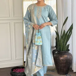 Ekta Textiles Women Floral Embroidered Regular Thread Work Chanderi Silk Kurti with Trousers & With Dupatta-6