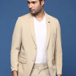 SHOW OFF Beige Cotton Slim Fit Solid Blazer-image-7