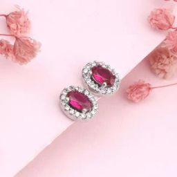 GIVA 925 Silver Pink Oval Halo Studs for Women & Girls-image-0