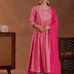 Libas Pink Embroidered Kurta & Palazzo Set With Dupatta-image-0