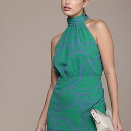 French Connection Printed High Slit Halter Neck Asymmetric A-Line Maxi Dress-image-65