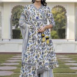 KALINI Floral Printed Angrakha A-Line Pure Cotton Kurta With Palazzos & Dupatta-1