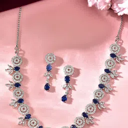 VOJ Stainless Steel Silver-Plated American Diamond-Studded Jewellery Set-picture-18