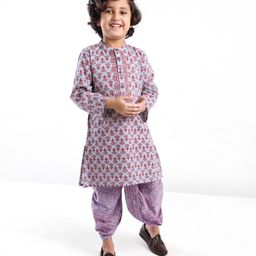 Babyhug 100% Cotton Woven Full Sleeve Floral Printed Kurta & Laheriya Printed Dhoti Set- Pink-picture-7