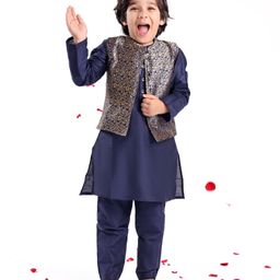 Babyhug 100% Cotton Woven Full Sleeves Kurta & Pyjama Set With Brocade Jacket Floral Print - Navy Blue-image-67