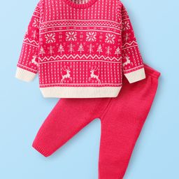 Babyhug Knitted Full Sleeves Pullover Sweater Set With Christmas Theme Design - Pink-image-63