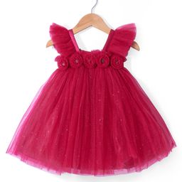 Babyhug Frill Sleeves ShimmeredA Line Party Frock with Floral Applique - Dark Pink-image-87