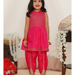 KID1 Sleeveless Sequins Embellished & Thread Work Embroidered Peplum Kurta & Dhoti Set - Pink-image-3