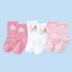 Cute Walk by Babyhug Knit Anti-Bacterial Ankle Length Socks with Floral Design Pack of 3 - Pink & White-image-97