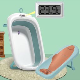 TONY STARK Foldable Baby Bathtub & Premium Baby Bather/Sling Bather Seat With Water Temperature Display With Drain Plug & Portable Anti Slip Collapsible For Newborn Infant Toddlers & Kids - Green-71