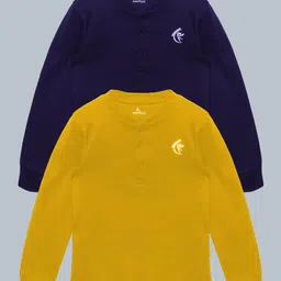 Kiddopanti Pack Of 2 Cotton Full Sleeves Brand Name Text Printed Tees - Navy Blue & Mustard-picture-14