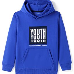 Doreme Lycra Knit Full Sleeves Hooded Sweatshirt Text Print & Kangaroo Pockets - Blue-image-80