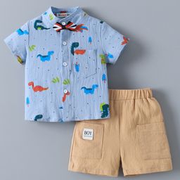 Kookie Kids Half Sleeves Cotton Shirt & Shorts With Dino Print & Bow Applique - Light Blue & Khaki-image-106