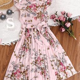 Bolly Lounge Cap Sleeves Floral Printed Dress With Belt - Pink-image-24