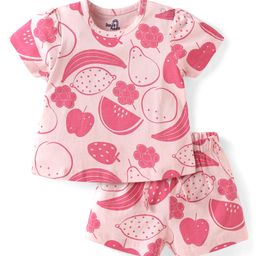 Doodle Poodle 100% Cotton Knit Half Sleeves Co-ords Shorts Night Suit with Fruits Print - Pink-image-31
