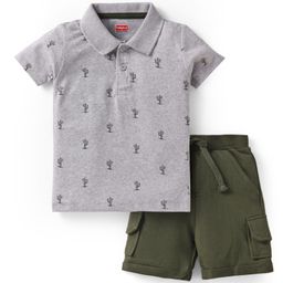 Babyhug Single Jersey Knit Half Sleeves Polo T-Shirt & Shorts Set with Cactus Print - Grey & Olive Green-image-95