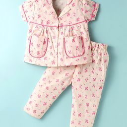 Dew Drops Poplin Woven Half Sleeves Co-Ord Night Suit with Floral Print - White & Pink-image-55