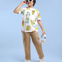 OLLINGTON ST. Cotton Knit Half Sleeves Printed T-Shirt & Twill Lycra Cargo Joggers -Multicolor & Brown-image-39