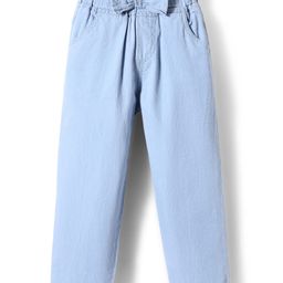 Mark & Mia Cotton Lycra Full LengthPaper Bag Waist Jeans with Bow Applique - Light Blue-image-52
