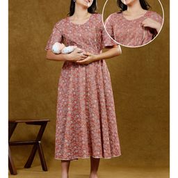 Dummy Shape Half Bell Sleeves Floral Printed Maternity Kurta With Nursing Access - Peach-image-8