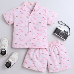 The Magic Wand Cotton Woven Half Sleeves Bow Printed Coordinating Night Suit Set - Pink-picture-22