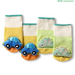 Babyoye Cotton Bamboo Knit Ankle Length Anti Skid Socks with Car & Dino Applique Pack of 2 - Multicolor-image-26