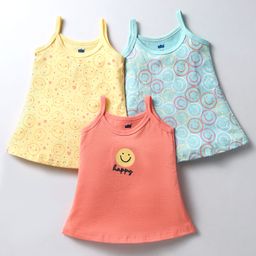 Simply Sinker Knit Sleeveless Smiley & Heart Printed Frocks Pack of 3 - Coral Aqua Blue & Yellow-image-81