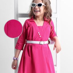Hola Bonita Cotton Woven Three Fourth Sleeves Solid Colour Collar Neck Dress With Belt - Fuchsia-image-30