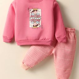 CUCUMBER Fleece Knit Full Sleeves Winter Wear Night Suit With Card Print - Olive Green-image-88