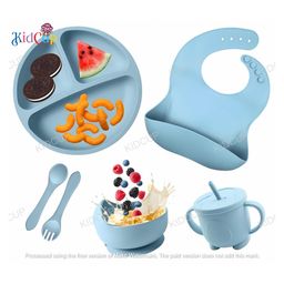 Kidcup 6 Pcs Silicone Baby Feeding Set, BPA Free & Microwave Safe Dinner Tableware Kit - Feeding Bowl, Suction Plate, Cup, Spoon, Fork & Bib for Kids (blue) (Color & design may vary)-image-10