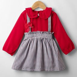 Twetoons Woven Full Sleeves Peter Pan Collar Checks Frock With Bow Applique - Red-image-67