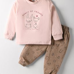 Pink Rabbit Single Jersey Knit Full Sleeves T-shirt & Lounge Pant Set with Bunch of Animal Friends Print - Peach & Brown-image-51