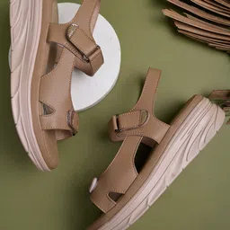 Shoetopia Velcro Strap Closure Solid Platform Sandals - Tan-picture-23