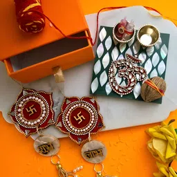HOMEARTE Green Square Shape OM Pooja Platter With Roli Chawal Pot-image-17