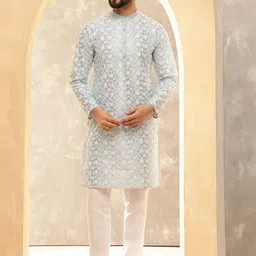 Anouk White Floral Embroidered Band Collar Straight Kurta-picture-31