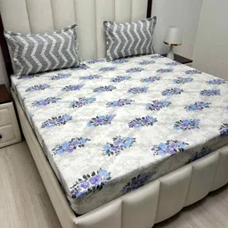 Pure Decor Blue & Grey Floral Printed 300 TC Cotton Queen Size Bedsheet Set 2.28 m x 2.54m-image-96