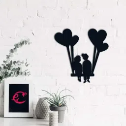 Young Loving Couple with Hearts Balloons Black Engineered Wood Wall Art Cutout-17