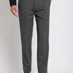 Cantabil Dark Grey Regular Fit Checks Flat Front Trousers-image-86