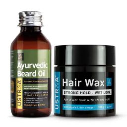 Ustraa Ayurvedic Beard Growth Oil & Strong Hold Hair Wax Wet Look Combo-image-65