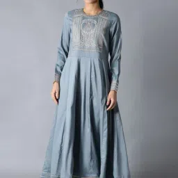 Wishful by W Blue Embroidered Flared Kurta-picture-12